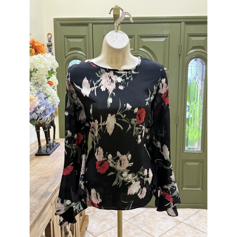 Vince Camuto Floral Blouse Women Medium Black Bell Sleeve Romantic 9157088ST